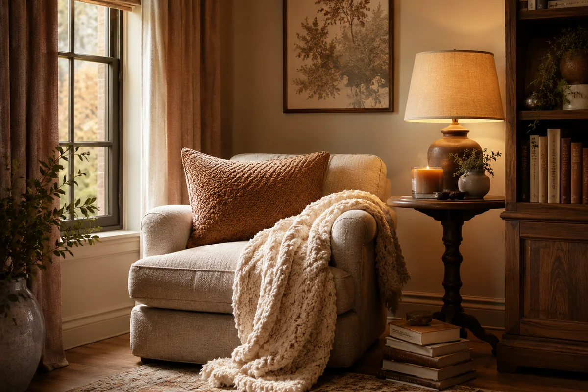 Cozy reading chair with textured throw and warm lamp