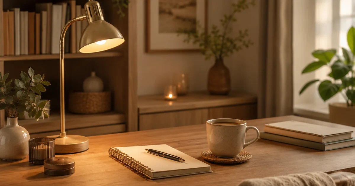 Cozy desk with warm lighting, notebook, and mug