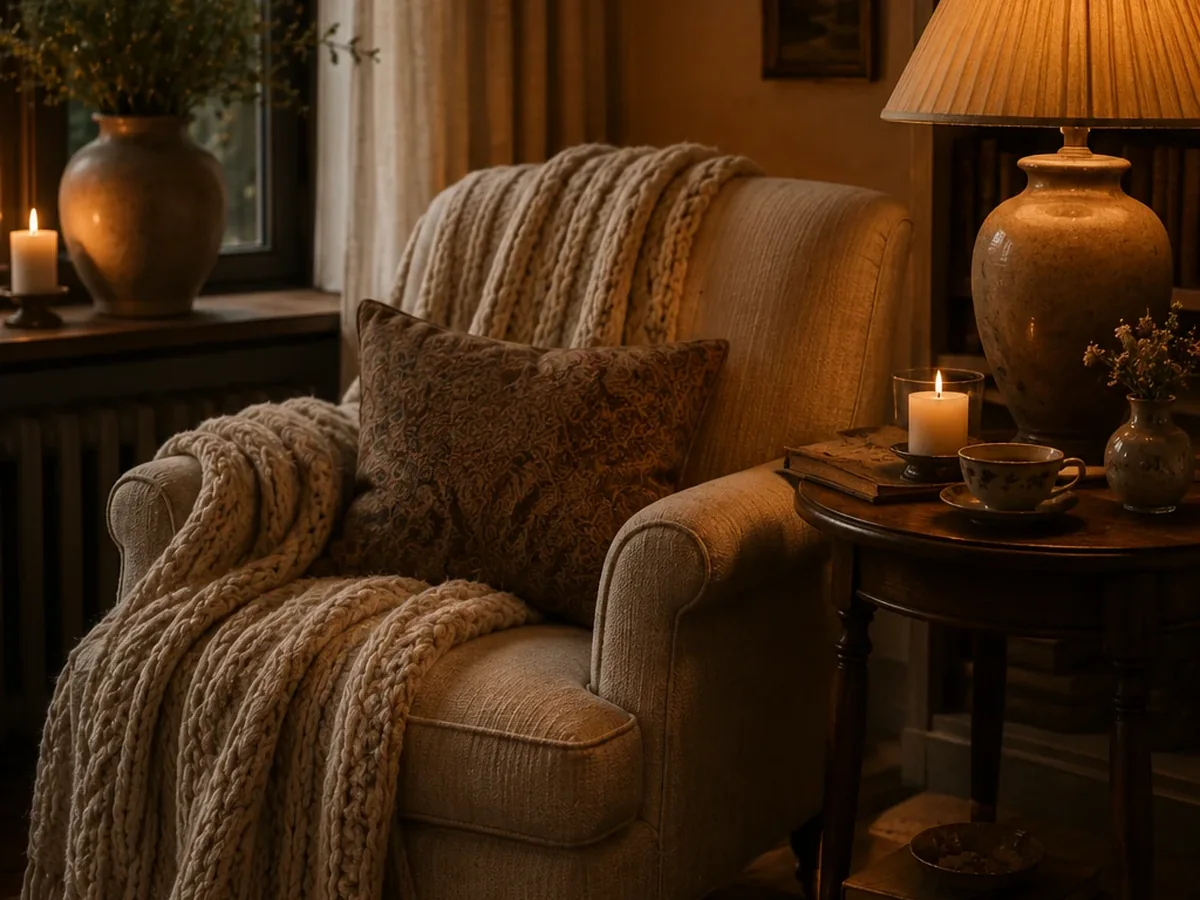 Layered cozy maximalist living room with candles, pillows, and warm evening light