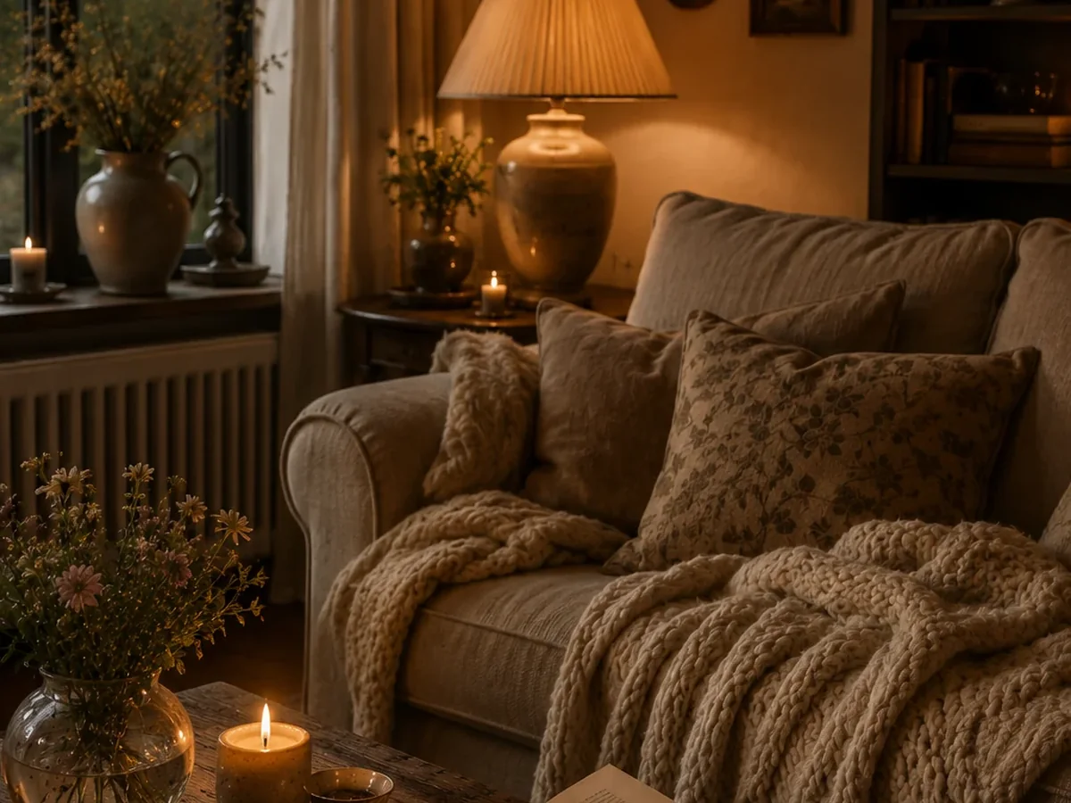 Cozy living room with warm gallery wall and layered pillows
