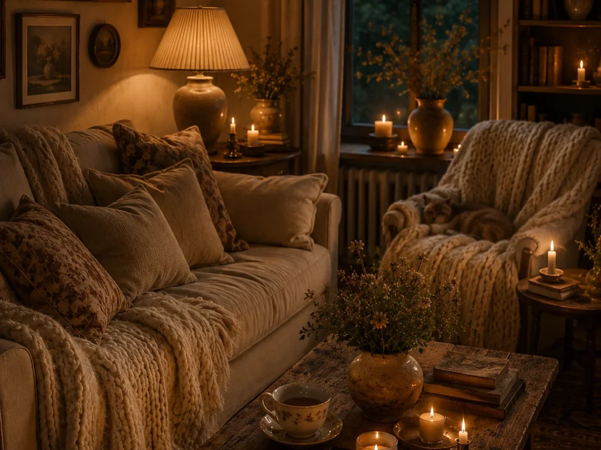 Quiet cozy corner with warm light and comfortable chair