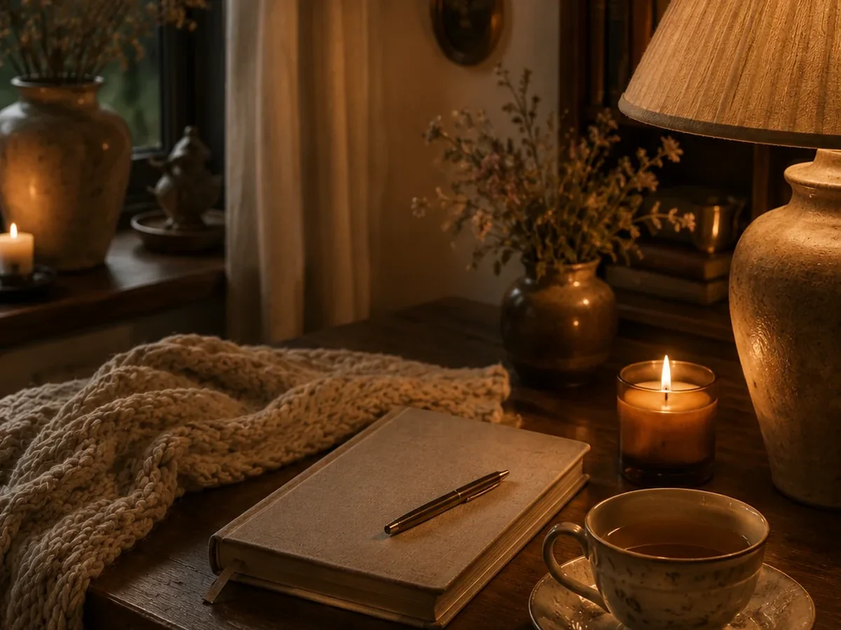 Evening journal, tea, and candle on a cozy tabletop