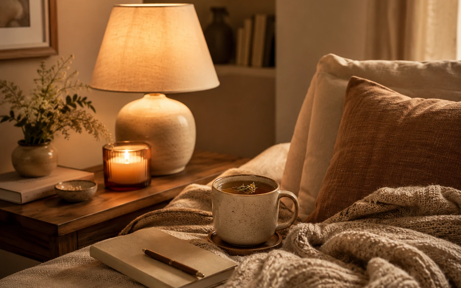 Cozy evening reset with warm lamp, tea, notebook, blanket, and calm living room atmosphere