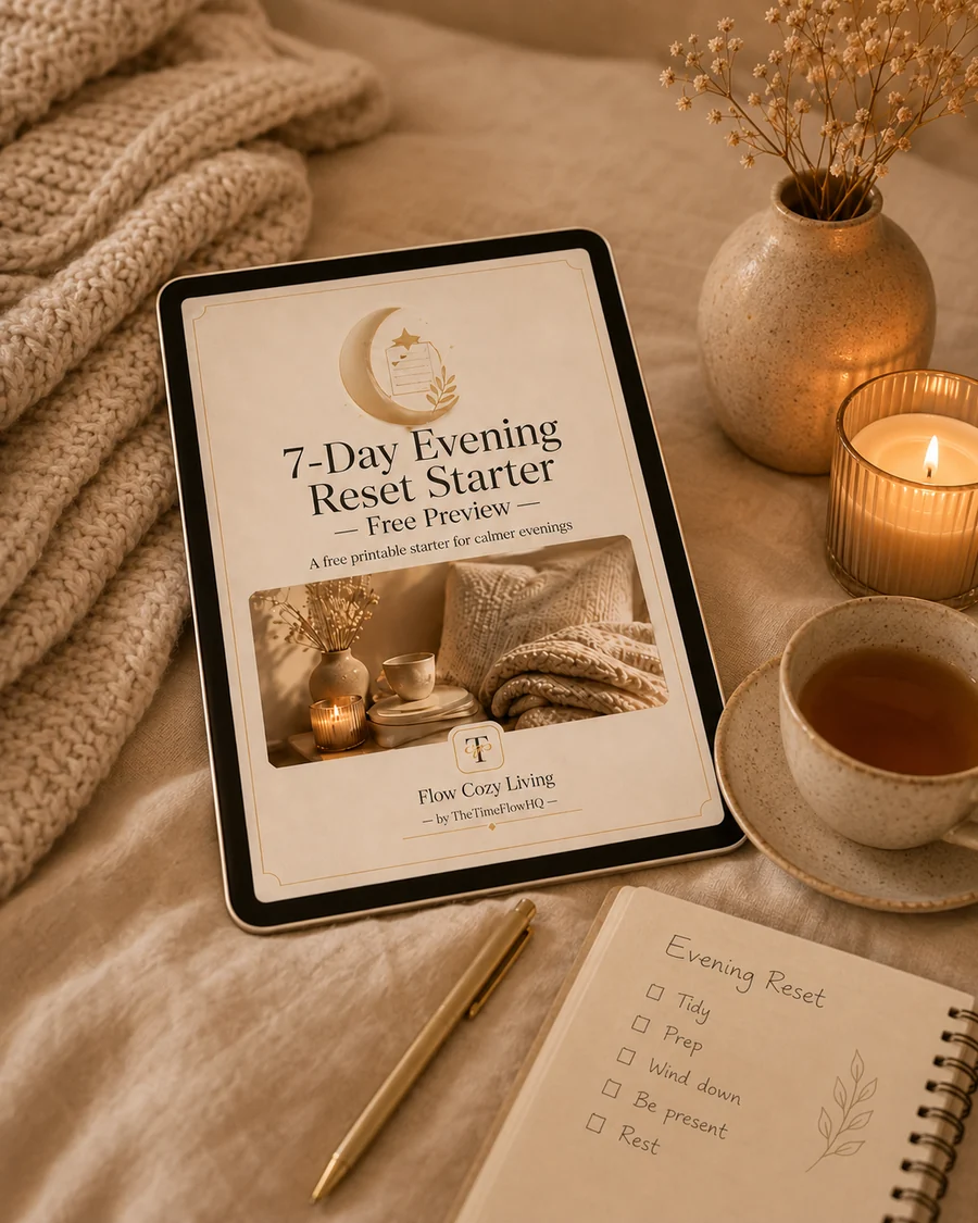 7-Day Evening Reset Starter free preview on a tablet with tea, candle, and notebook