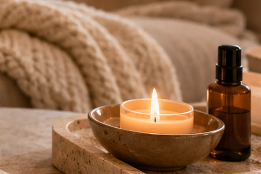 Candle tray with warm evening light and calm home reset details