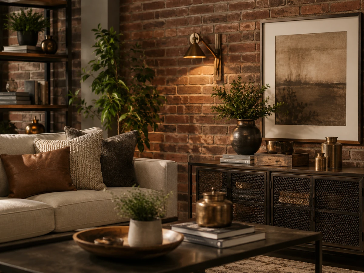 Brass and bronze accents styled near an exposed brick wall
