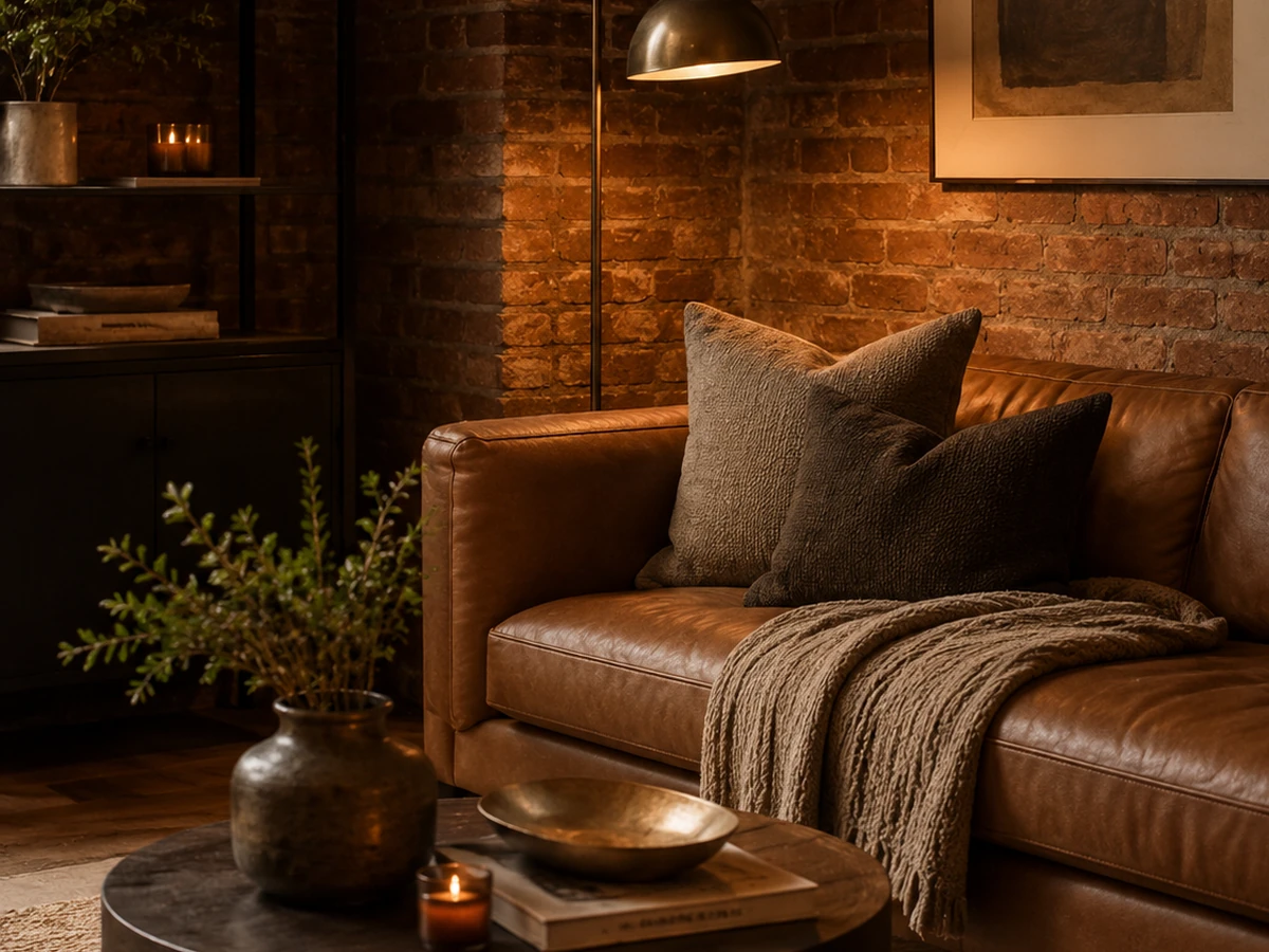 Soft pillows and throw blanket balancing a brick wall and warm metal lamp