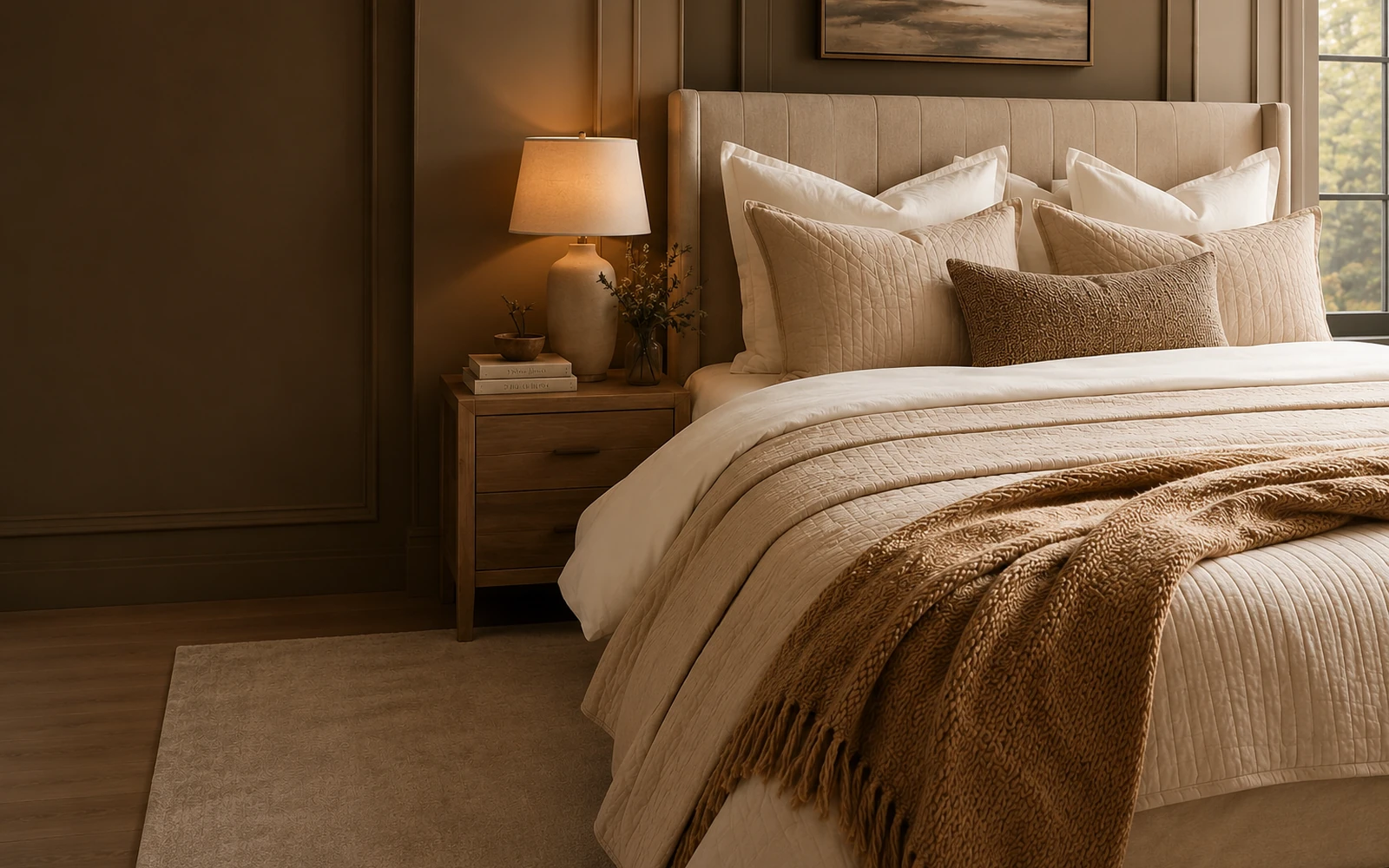 Layered neutral bedding with warm lighting and designer-style pillows