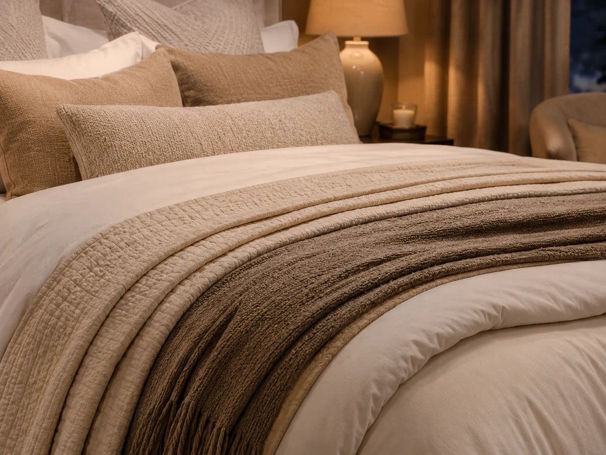 Neutral sheet foundation for layered bedding in a calm bedroom
