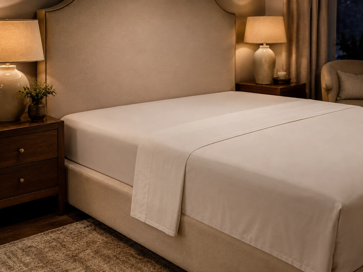 Layered duvet and coverlet in a cozy neutral bedroom