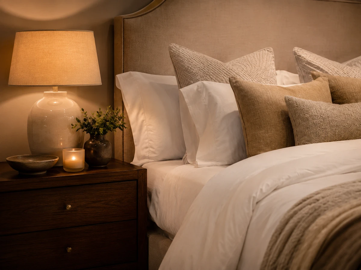 Designer bedding pillow layers with warm neutral textures