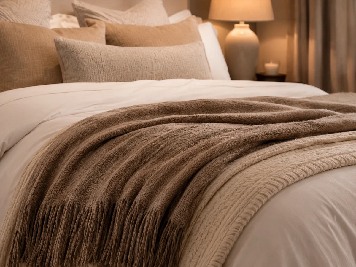 Textured throw blanket as the final bedding layer in a cozy bedroom