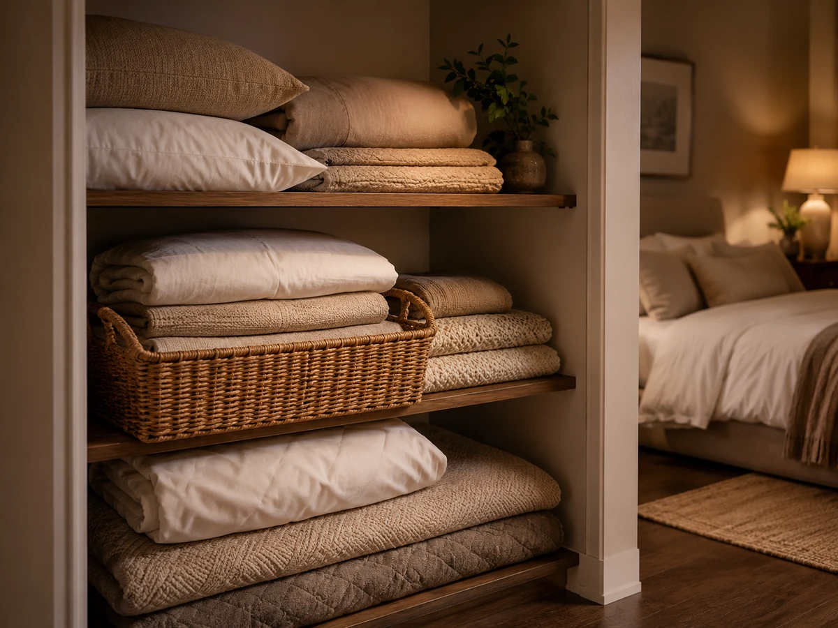 Linen storage basket near a layered bed in a calm bedroom