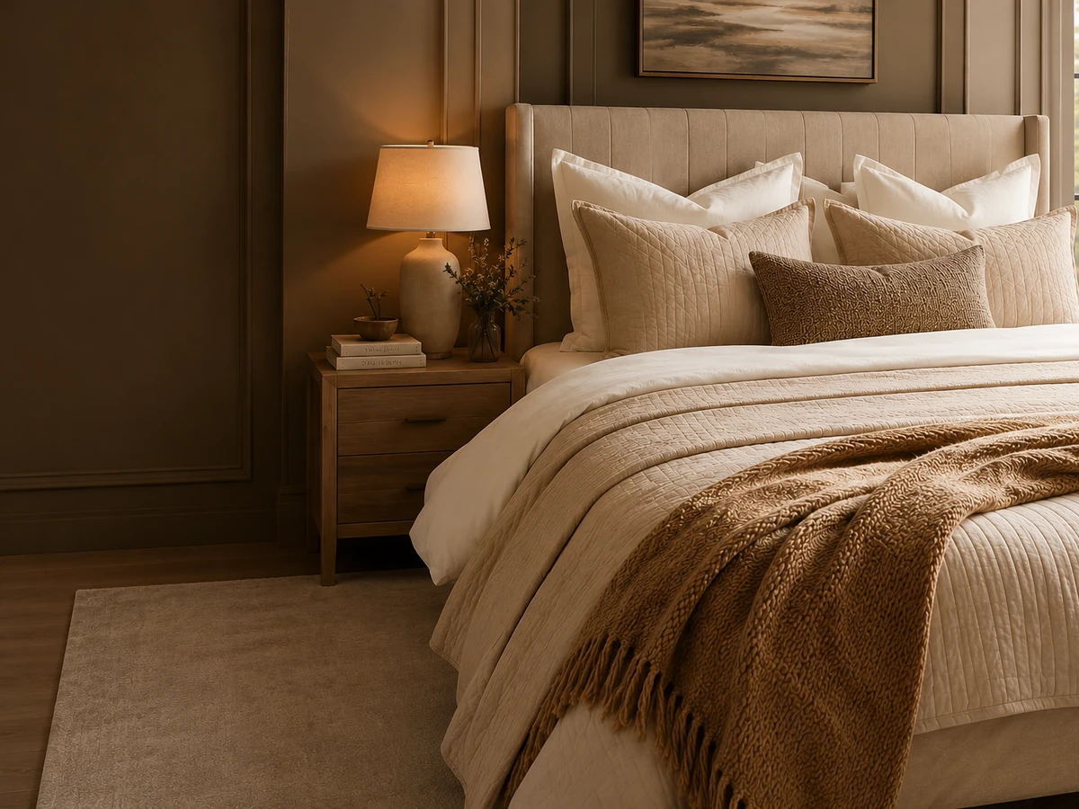 Layered neutral bedding in a calm bedroom