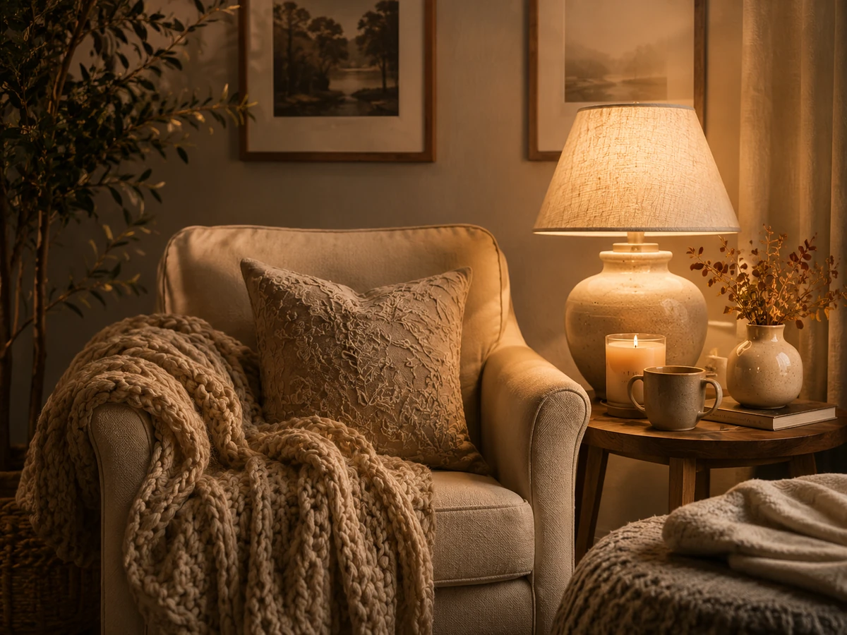 Small reading corner with warm accents and cozy textures