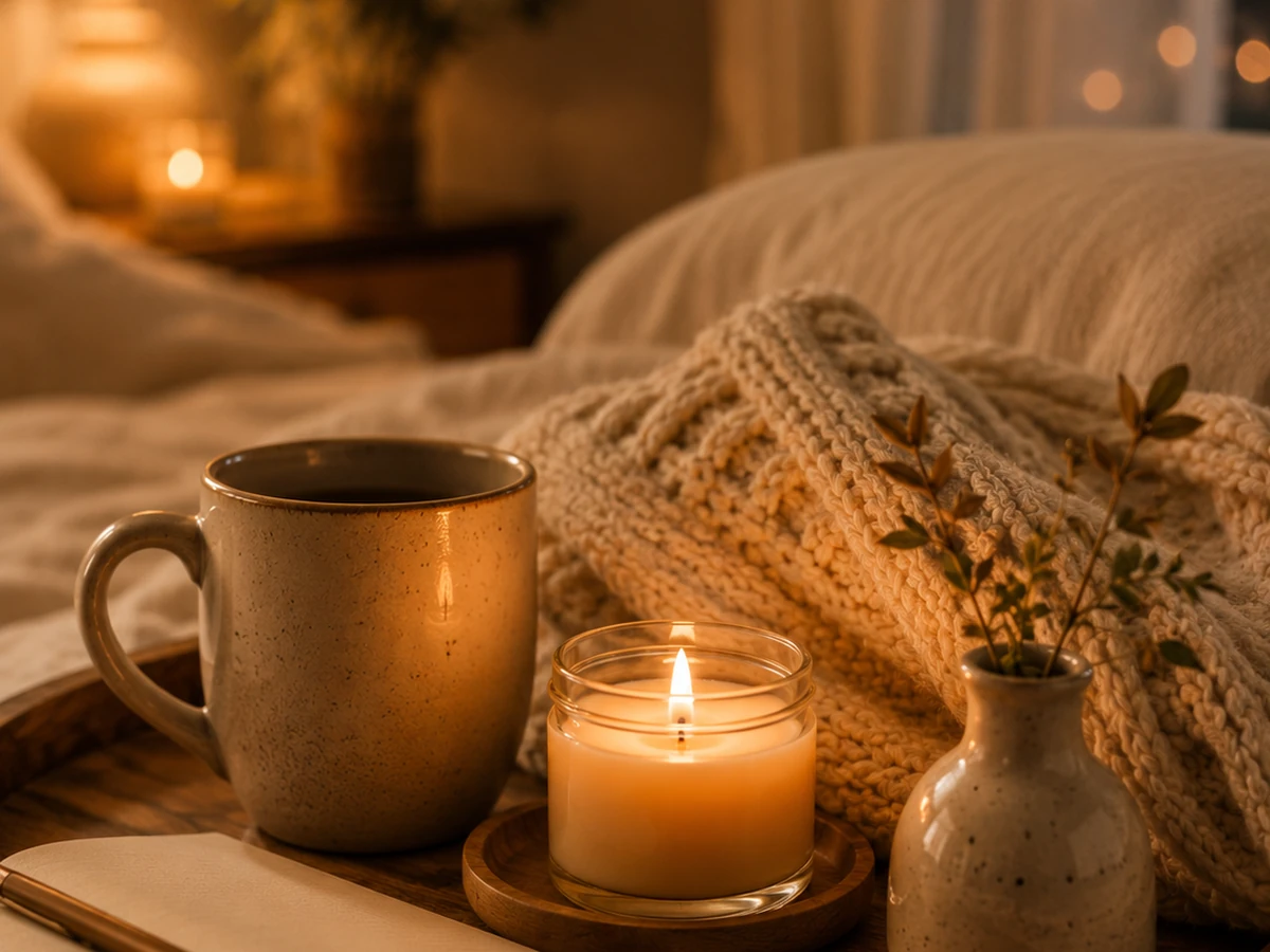 Evening reading vignette with candlelight, books, and warm cozy atmosphere