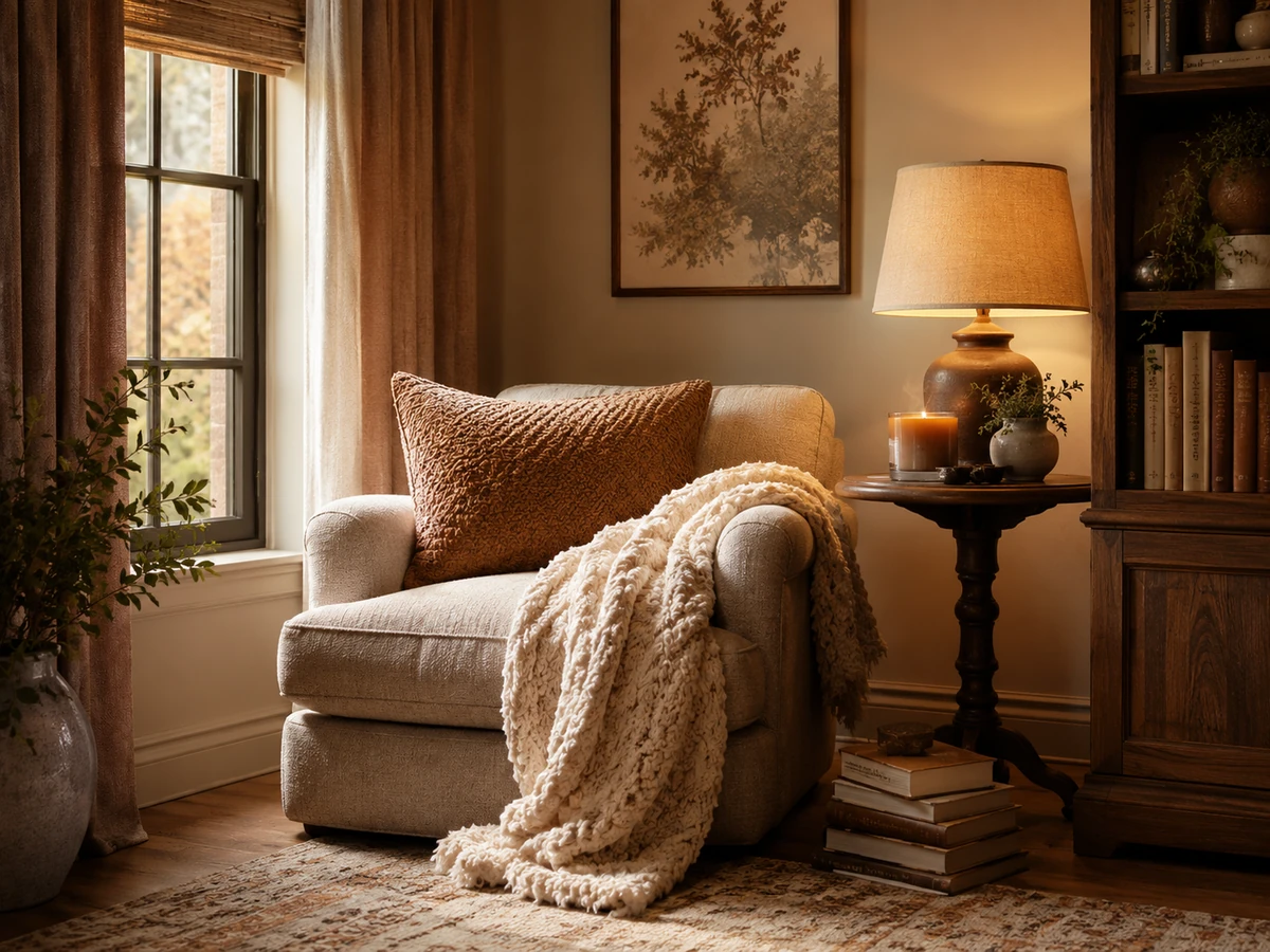 Cozy reading nook with warm light