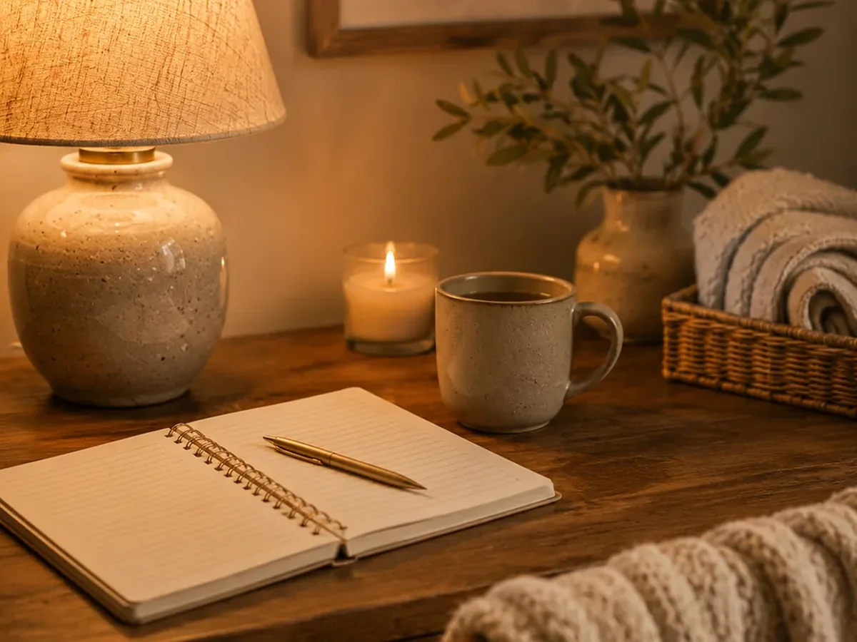 Warm desk lamp with notebook in a calm workspace