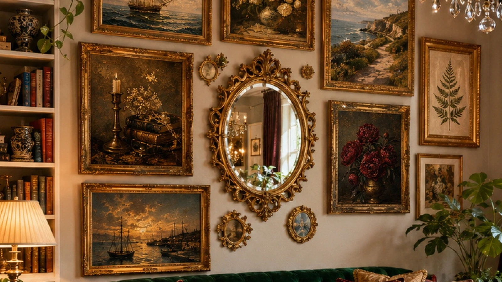 Warm vintage-inspired jewel-tone gallery wall