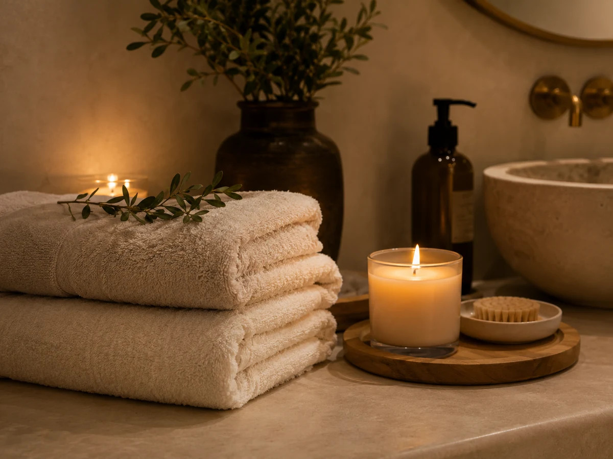 Bathroom storage shelves with towels, baskets, and candlelight
