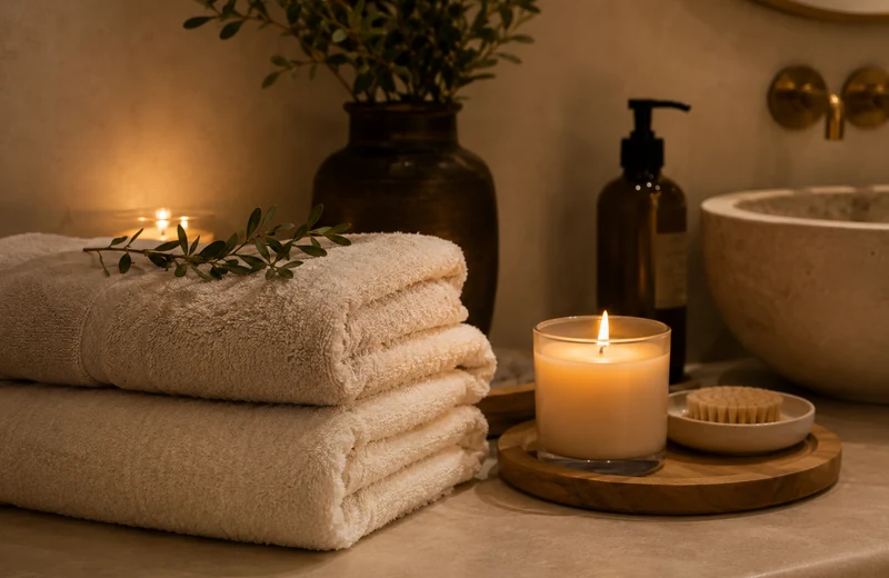 Soft towels and candlelight creating warm bathroom texture