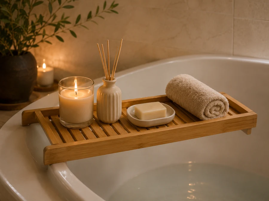 Bamboo bath caddy tray resting securely across both sides of a bathtub with candle, towel, soap, and warm neutral styling