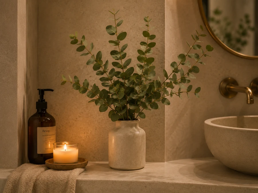 Faux eucalyptus bundle in a simple ceramic vase for bathroom styling