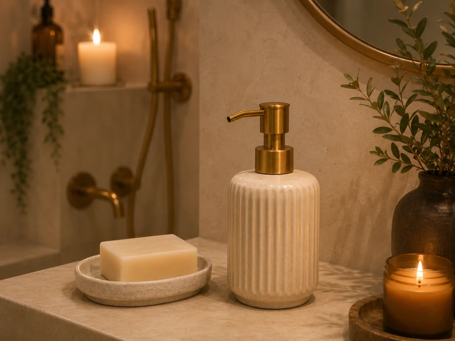 Minimal neutral soap dispenser with gold pump on a warm bathroom countertop