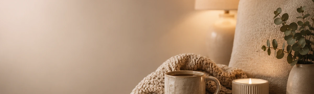 Cozy evening reset with mug, candle, and soft blanket.
