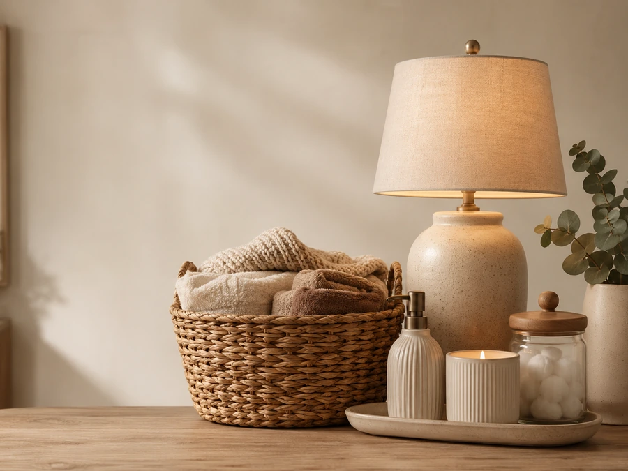 Cozy storage basket and soft home essentials.