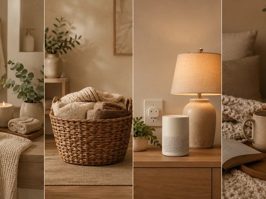Woven storage basket with folded cozy blankets.