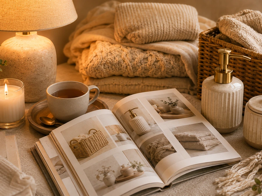 Cozy home essentials and warm textures.