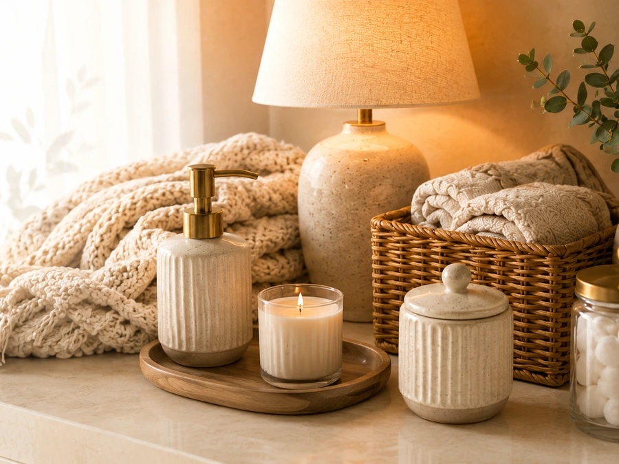 Warm lamp and natural home details.