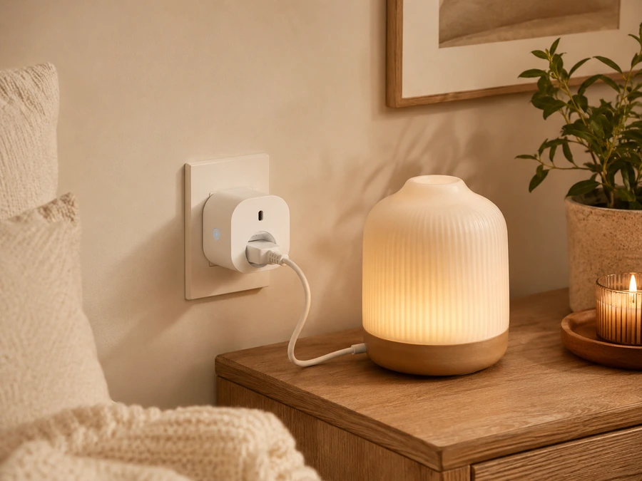 Smart lamp with warm ambient glow beside the bed.