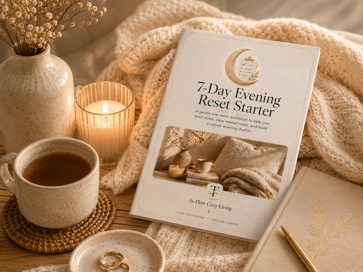 Cozy evening reset workbook with warm tea, candle, blanket, and journal