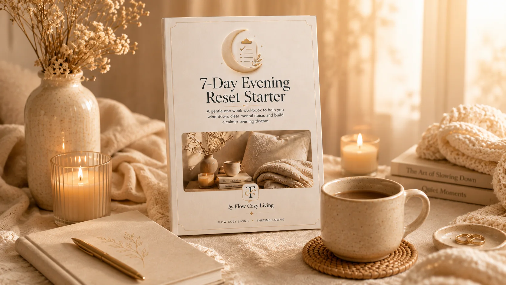 7-Day Evening Reset Starter shown with a candle, soft blanket, dried flowers, and warm evening light