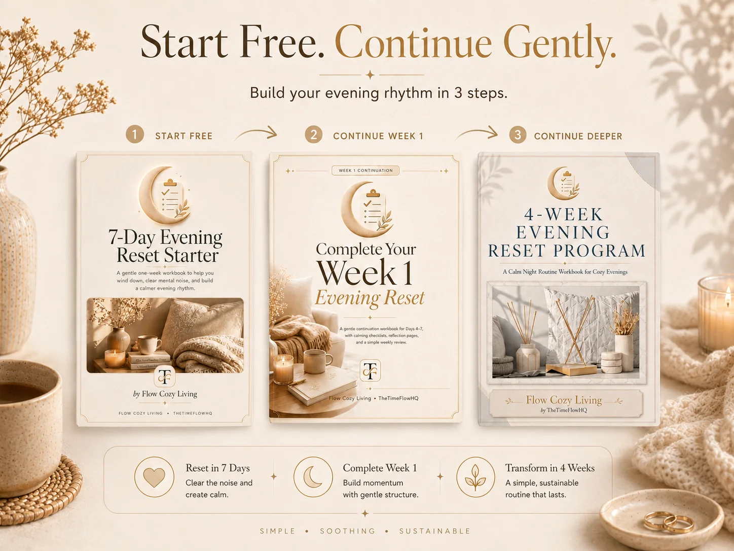 Start Free Continue Gently visual showing the 7-Day Evening Reset Starter, Week 1 continuation, and 4-Week Evening Reset Program