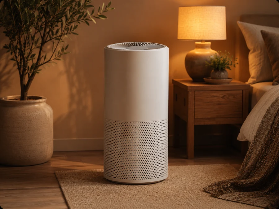 Air purifier in a cozy interior with soft plant styling