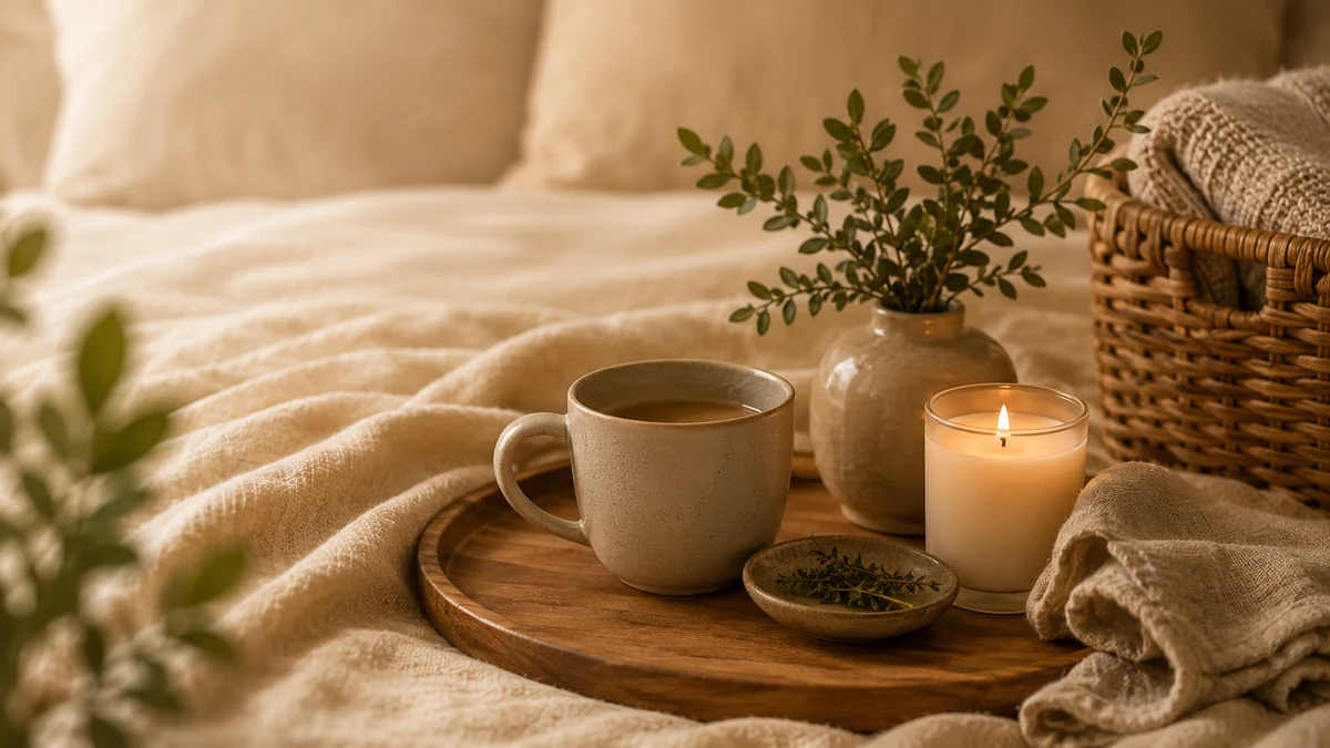 Warm evening reset tray with mug, candle, soft linen, and a peaceful bedroom mood