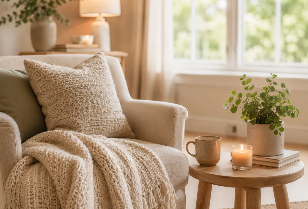 Soft neutral cozy living corner with candle, mug, and plant