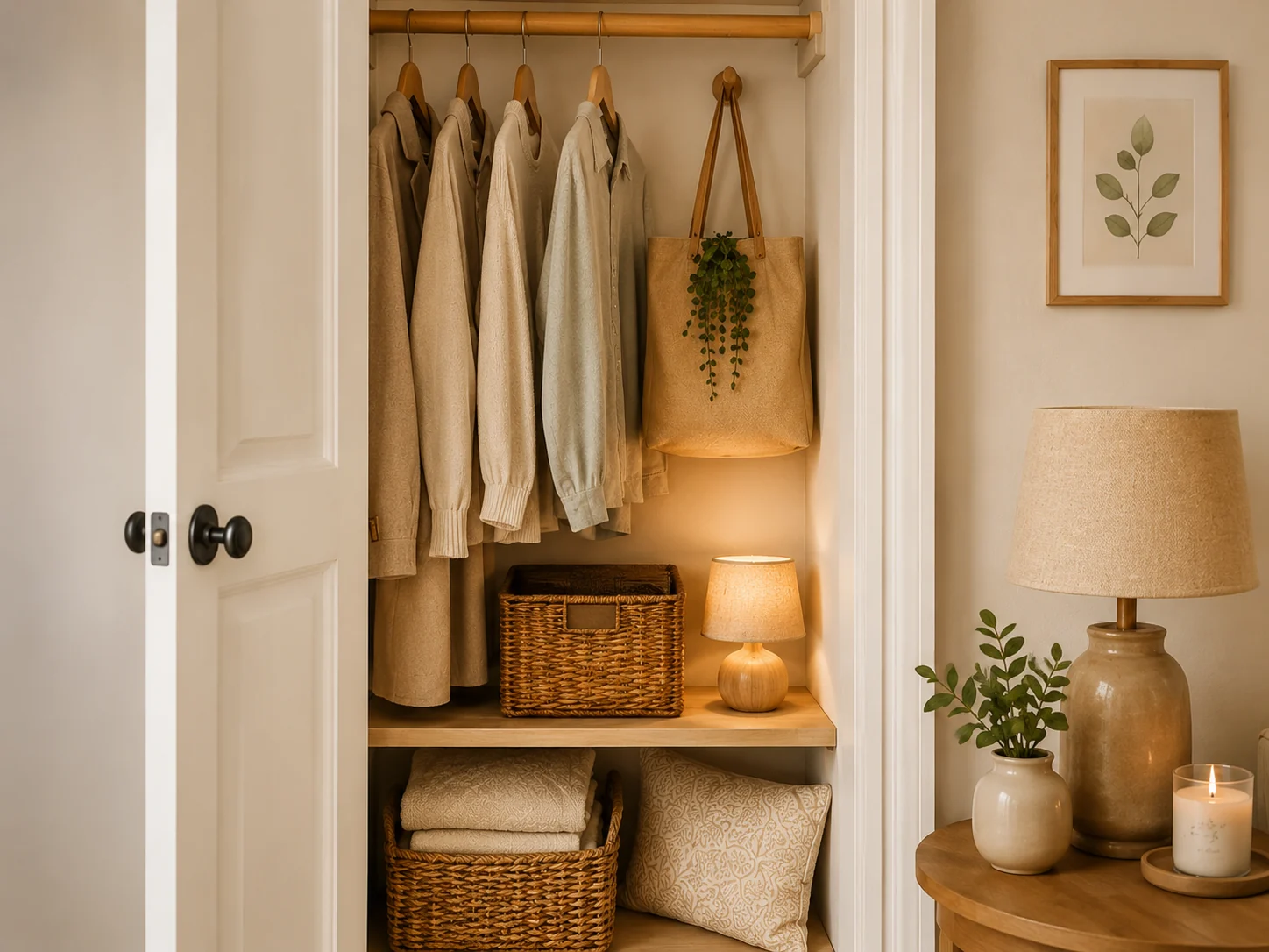 Cozy minimalist nook with warm lighting and plant styling