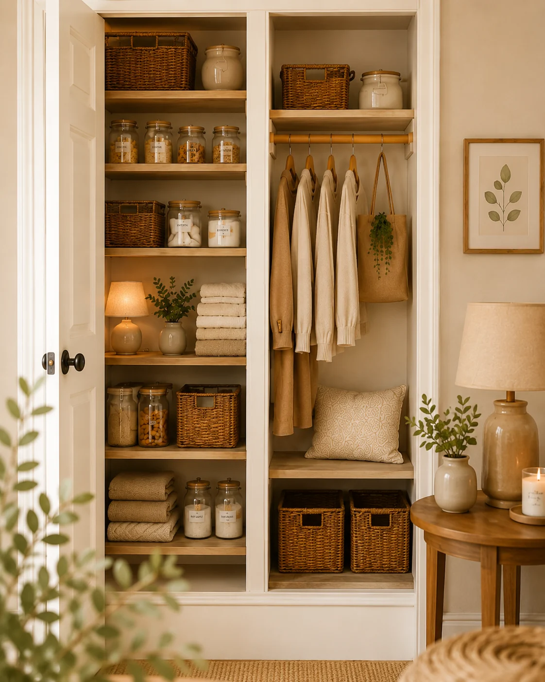 Small closet nook with neutral coats, woven baskets, pillow, plant, and warm lamp
