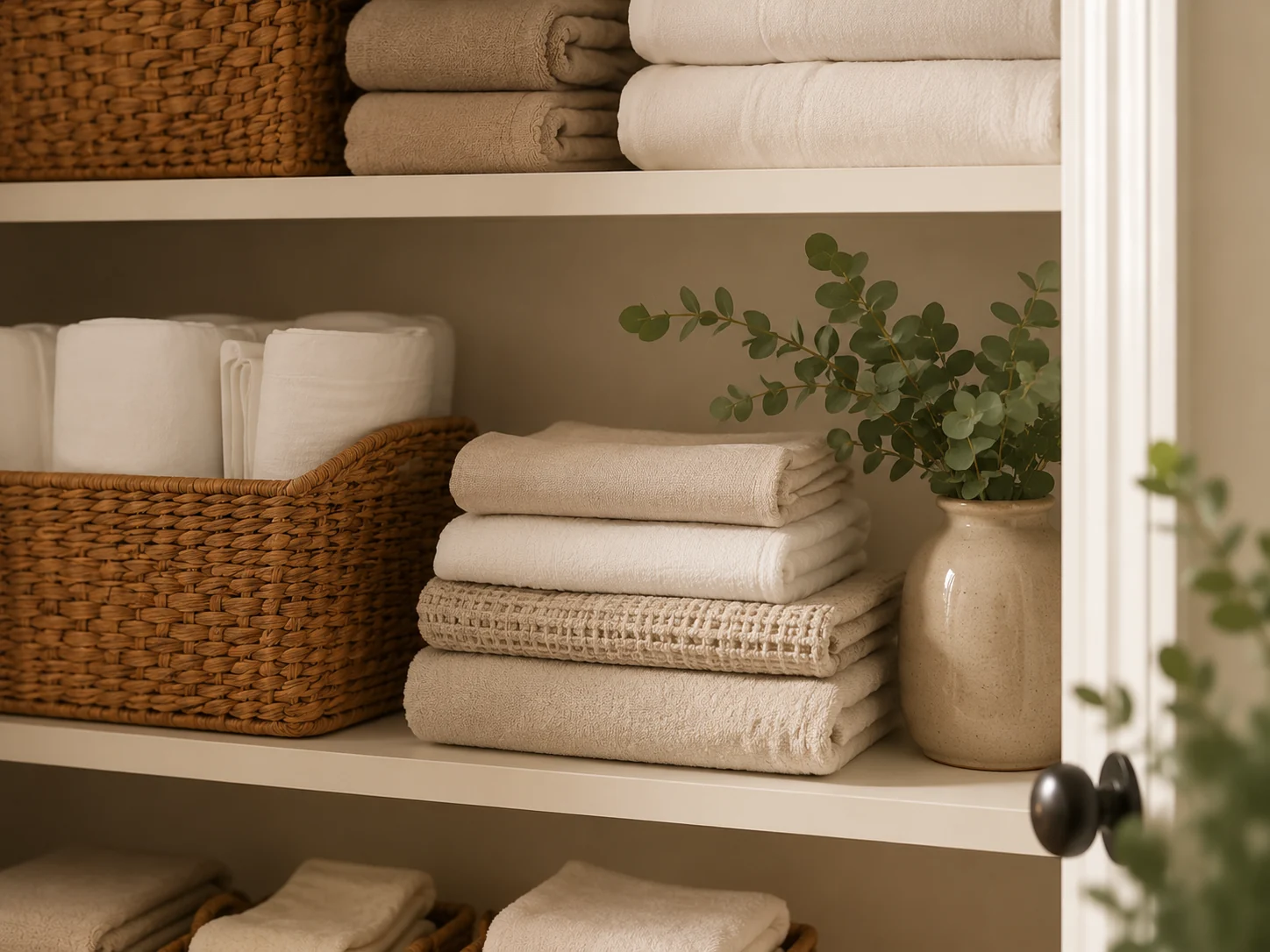 Linen closet with neatly folded towels, woven basket, and small plant