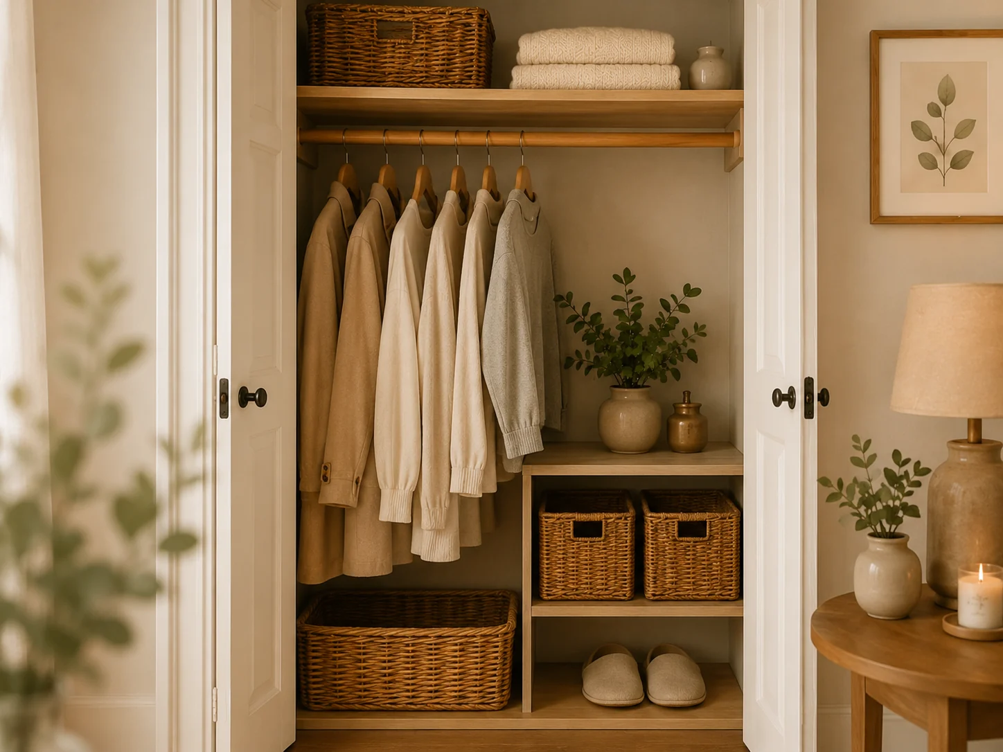 Empty closet nook transformed with clothes, baskets, plant, and warm light