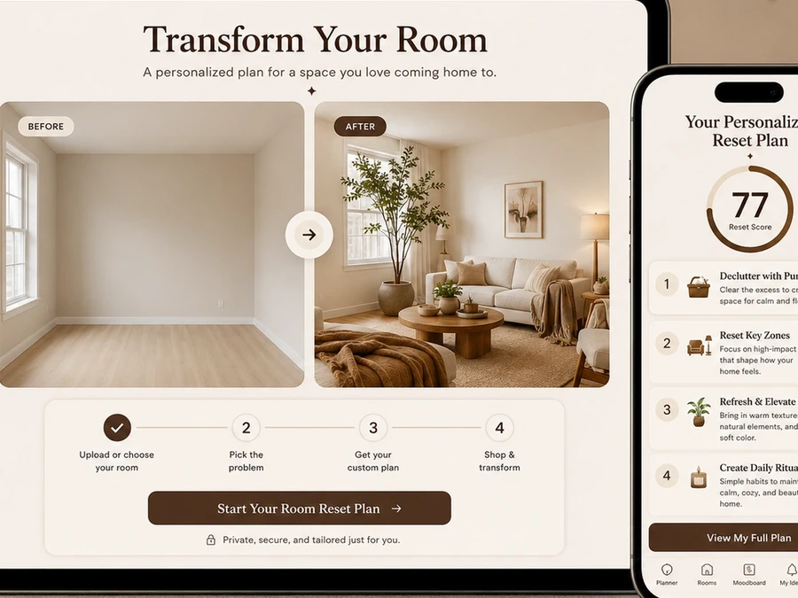 Cozy Room Reset Planner app preview on devices