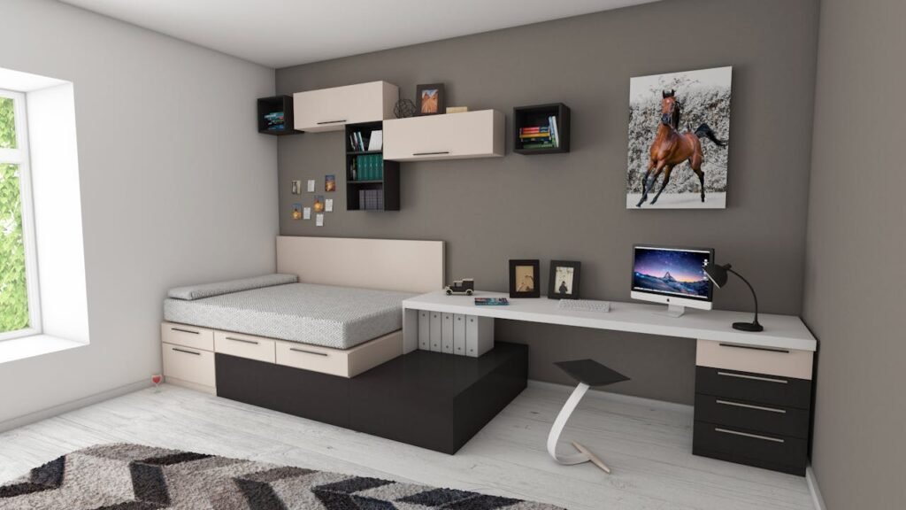 Crafting Captivating Headlines: Your awesome post title goes here Stylish minimalist bedroom with modern furnishings and workspace area, perfect for home offices.