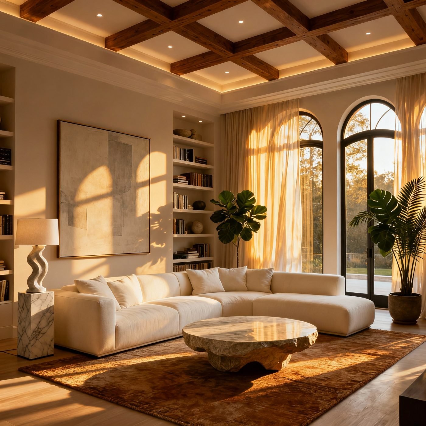 Warm beige living room with natural sunlight and cozy minimalist decor